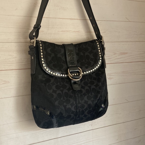 Coach F12852 Black Metallic Canvas  & Leather Jacquard Studded messenger bag - Picture 2 of 13